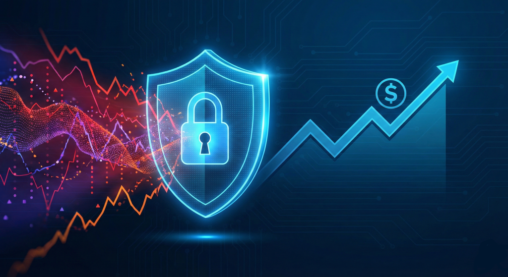 A conceptual illustration showing a glowing digital shield with a padlock deflecting chaotic red market volatility graphs, protecting a stable, upward-trending financial growth graph behind it.