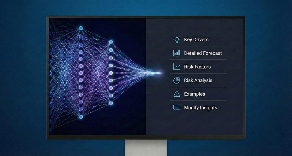 Text Explainability Icon: "A document with a lightbulb, representing the AI-generated narrative that explains the direction and risk factors of each forecast."